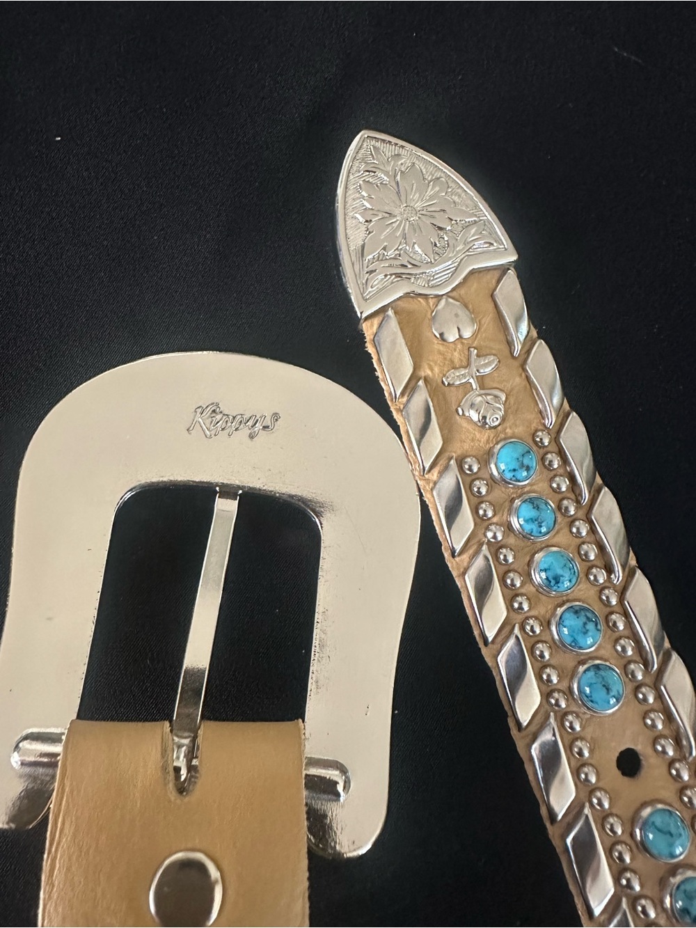 Kippys Tan Belt with Turquoise Stones and Engraved Silver Buckle - Picture 3 of 11